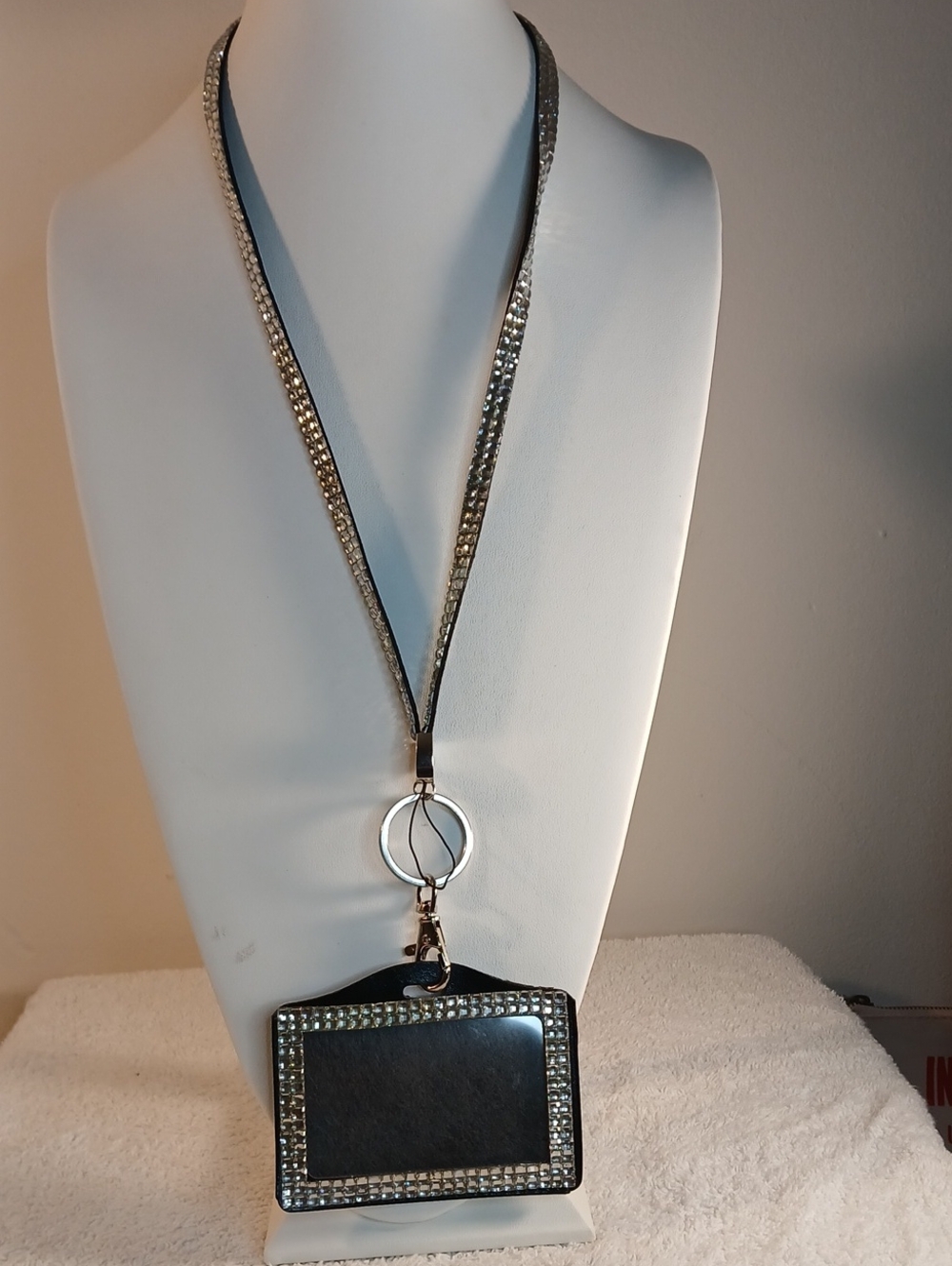 Rhinestone Trim Black Lanyard ID Holder